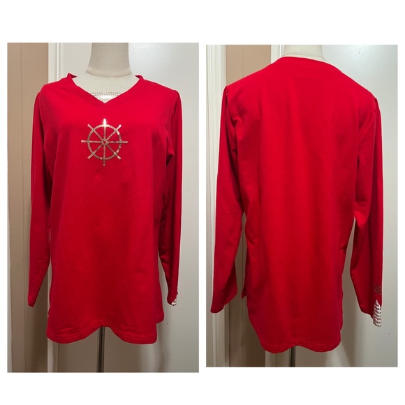 Quacker Factory Tunic Top  Red Anchors Sequins size M Long Sleeve. - Picture 1 of 8